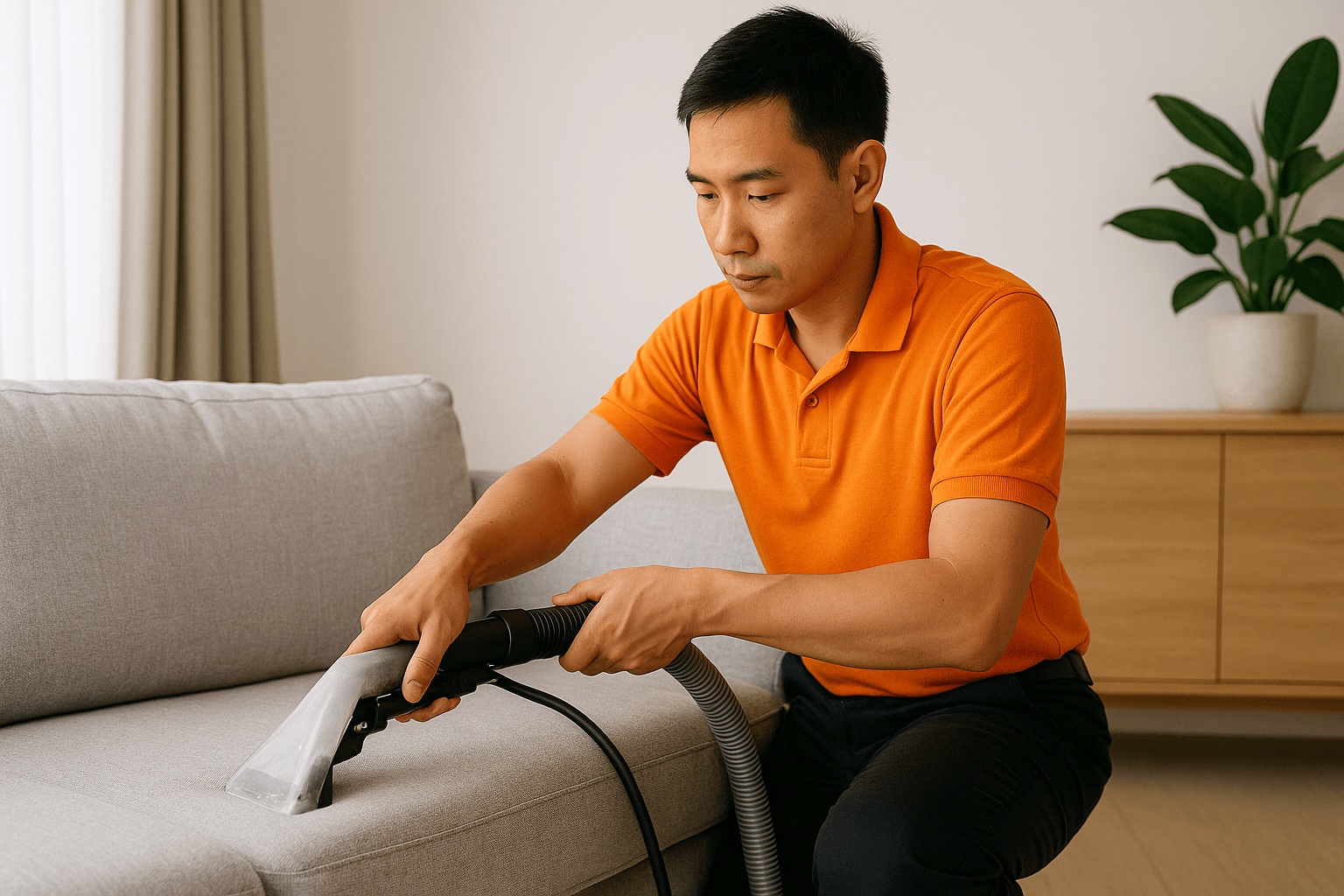 Nhân viên đang dùng máy chuyên dụng để giặt ghế sofa tại nhà