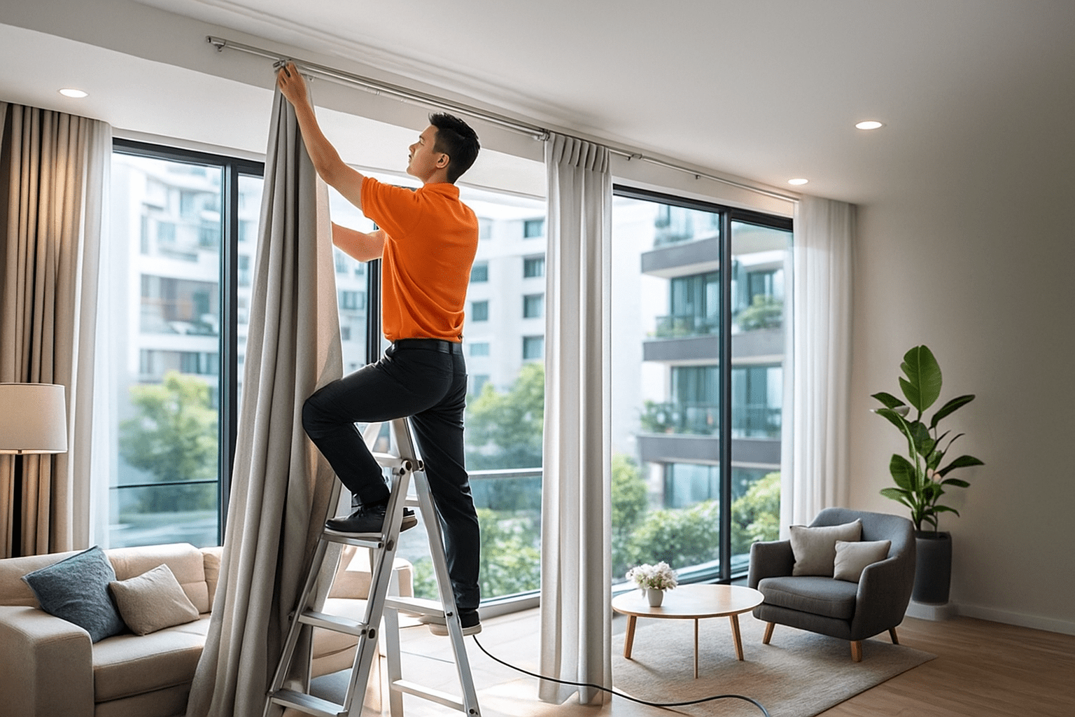 Nhân viên đang tháo rèm để thực hiện dịch vụ giặt rèm tại nhà