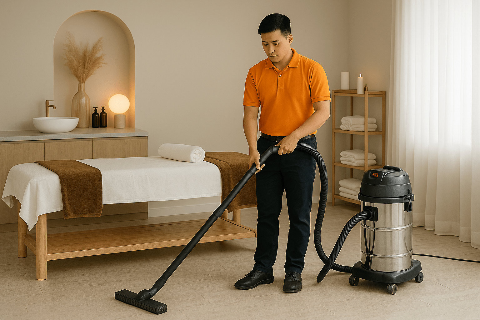 Nhân viên đang thực hiện vệ sinh định kỳ trong không gian spa