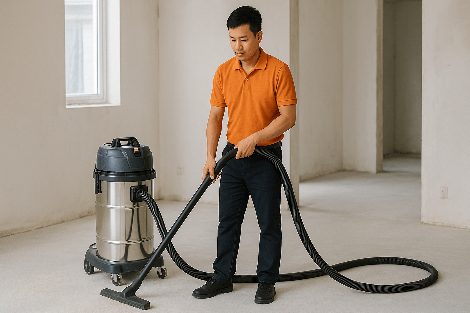 Nhân viên đang hút bụi thực hiện vệ sinh sau xây dựng