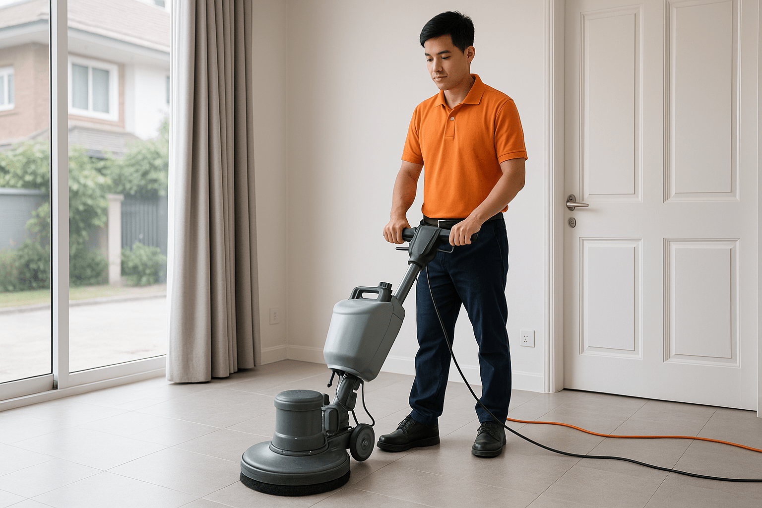 Nhân viên đang vận hành máy chà sàn thực hiện vệ sinh công nghiệp