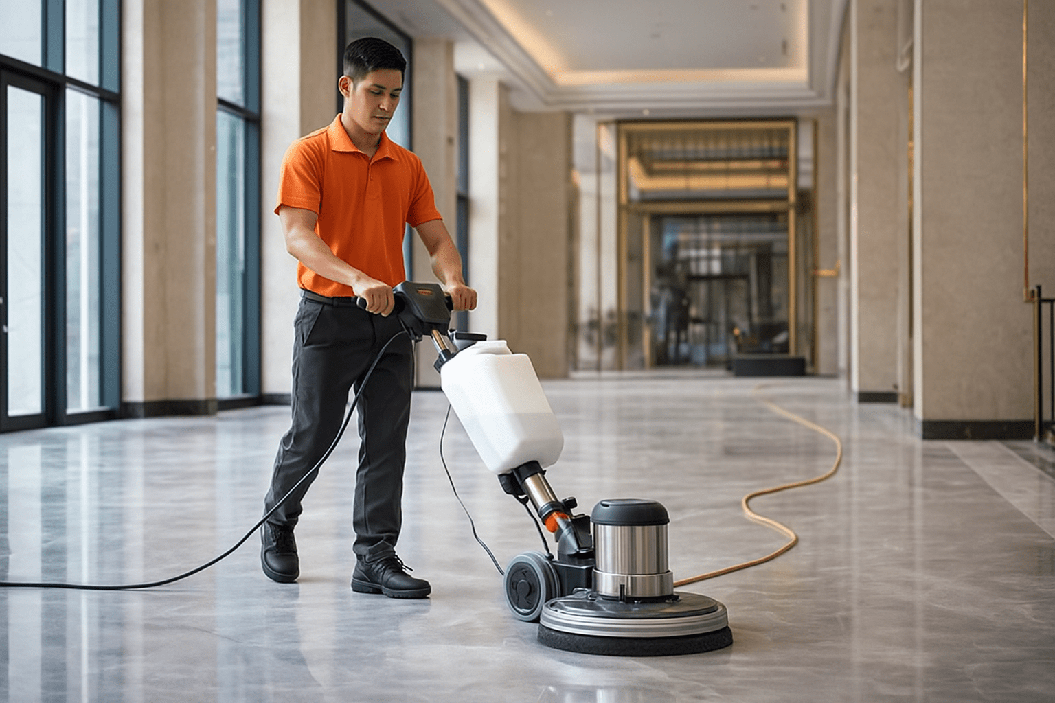 Nhân viên vệ sinh công nghiệp TPHCM đang chà sàn khách sạn