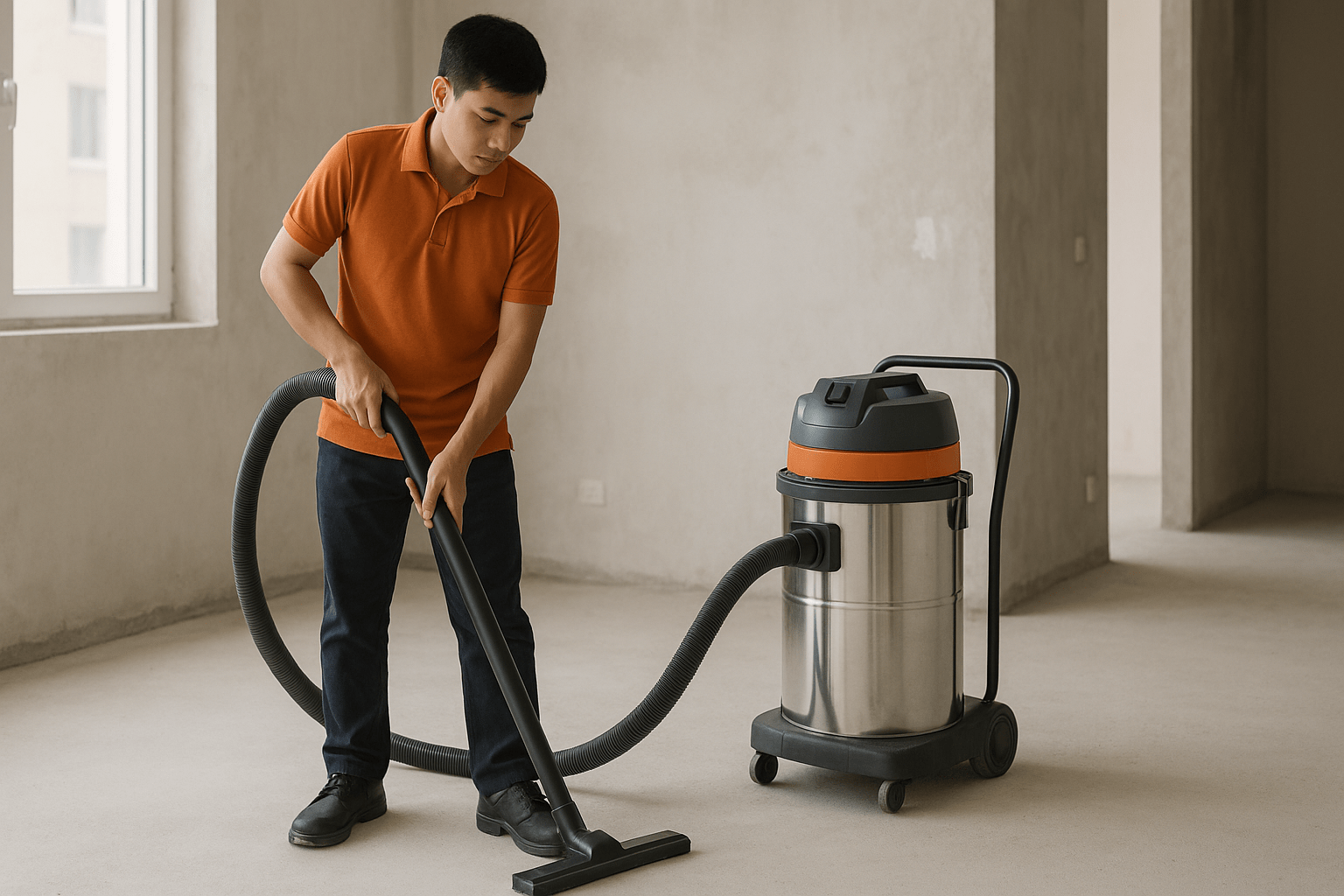 Nhân viên vệ sinh công nghiệp TPHCM đang hút bụi sau xây dựng trong căn hộ