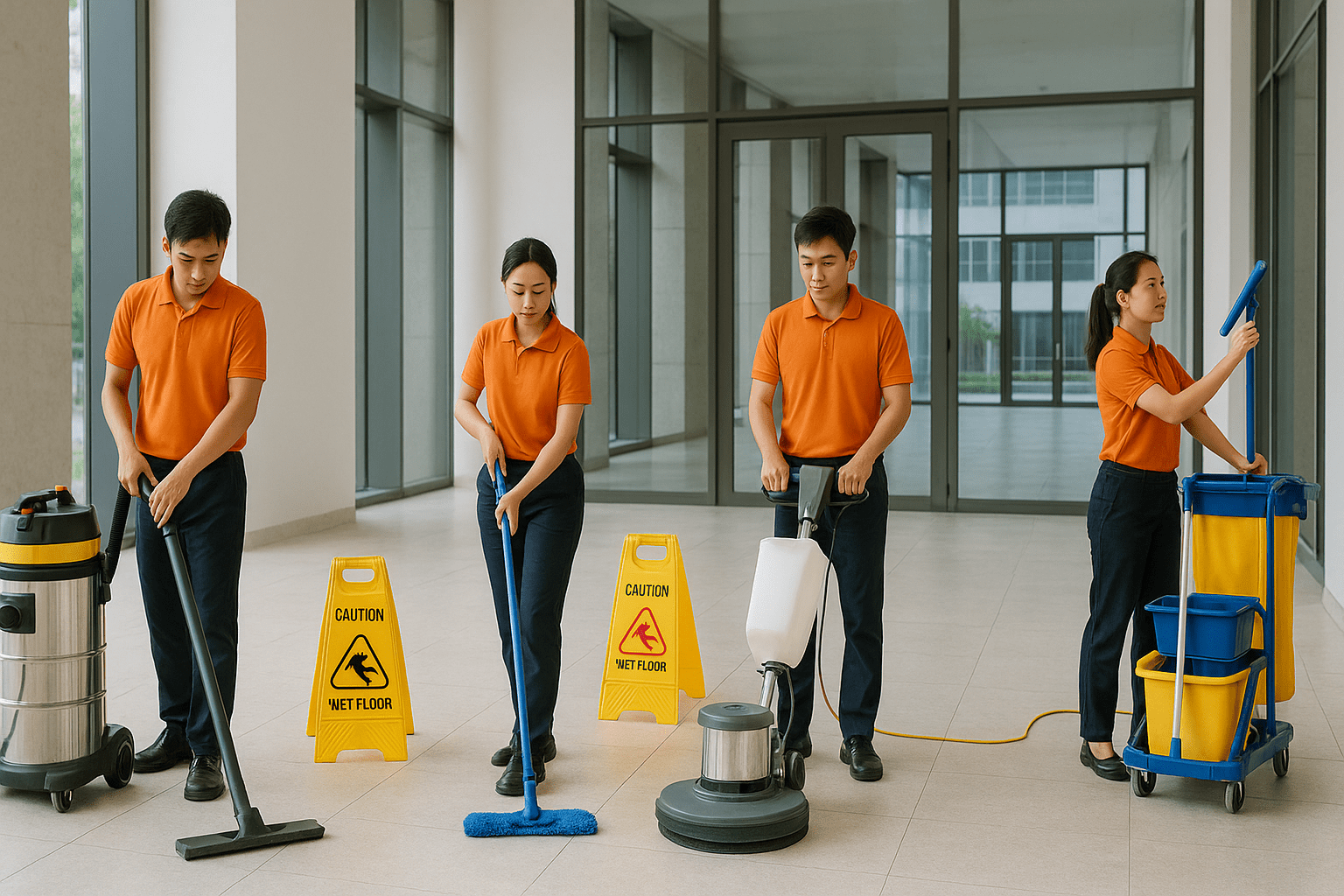 Nhóm nhân viên vệ sinh công nghiệp TPHCM làm sạch tòa nhà